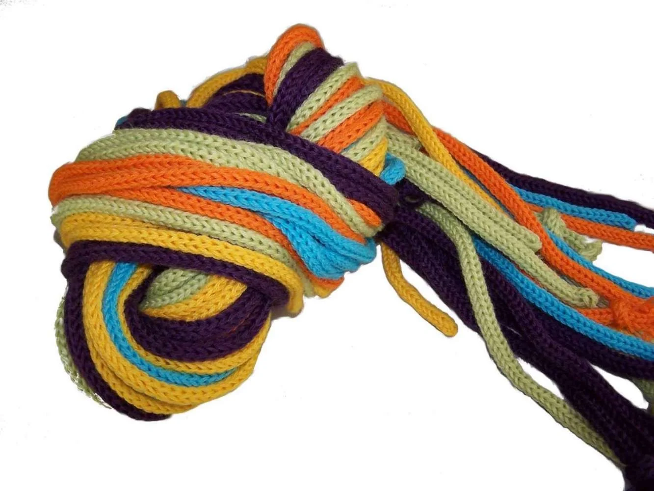 Colorful intertwined yarns in purple, orange, yellow, green, and blue