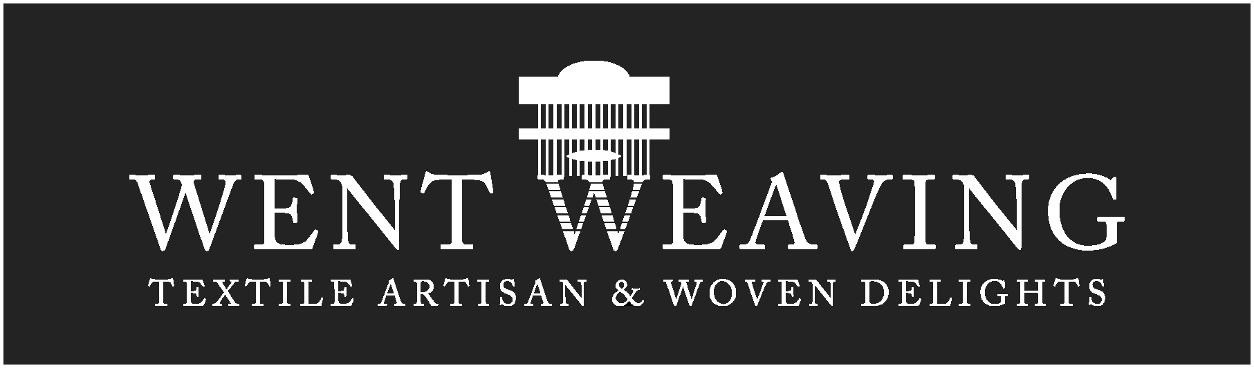 Logo with text "WENT WEAVING Textile Artisan & Woven Delights" and a stylized weaving loom icon above the text, on a black background.