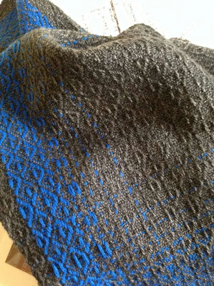 Close-up of a knitted fabric with black and blue patterns.