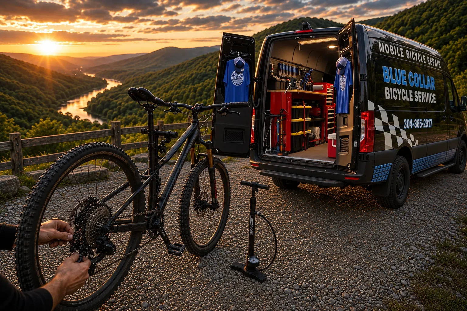 Mechanic working on a mountain bike beside the open Blue Collar Bicycle Service van.