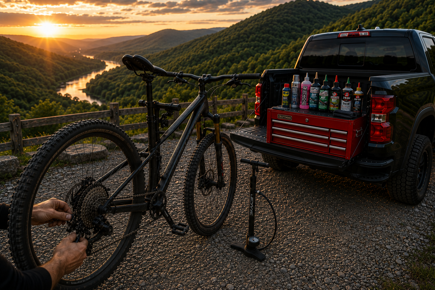 A person is fixing a mountain bike next to a black pickup truck with its tailgate down. The truck bed contains a red tool chest and various bottles of bike lubricants and maintenance products. The scene is set during sunset overlooking a river winding through green, forested mountains.
