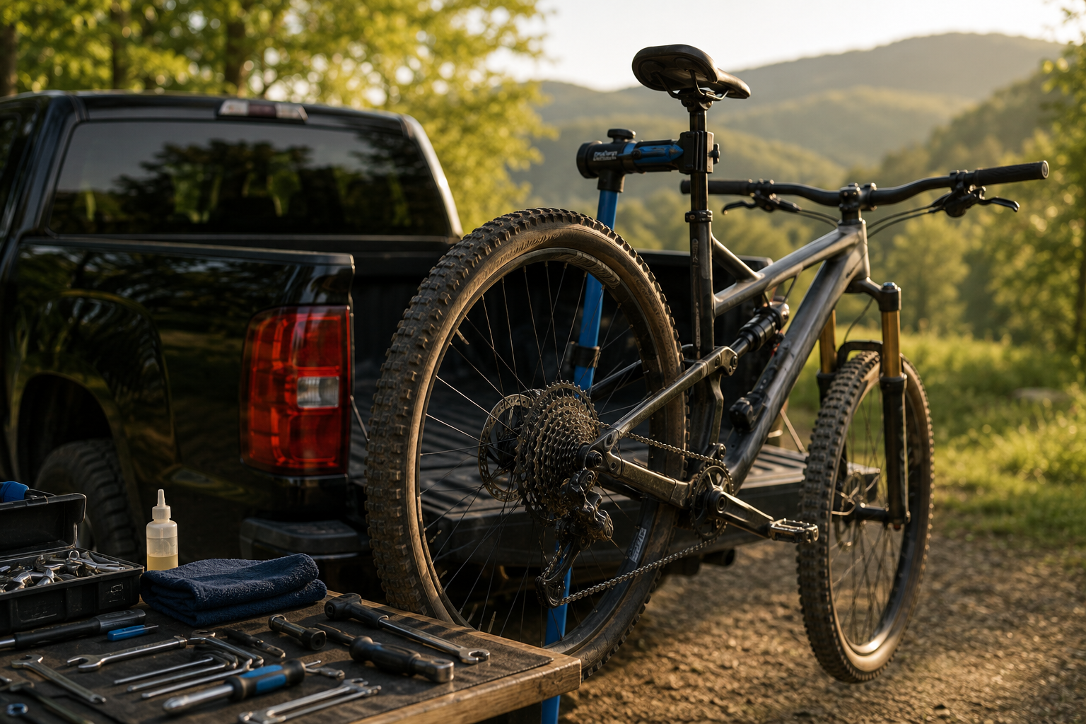 A mountain bike on a truck bed with tools, a towel, and lubricant nearby, outdoors in a scenic green landscape during sunset.