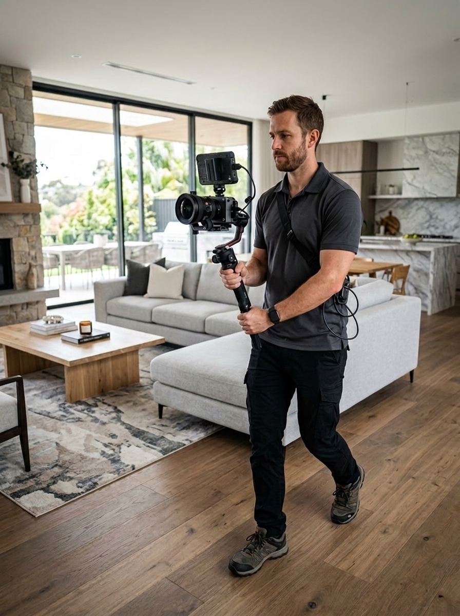 Man holding a camera stabilizer inside a modern living room with large windows, a white sofa, a wooden coffee table, and a view of outdoors.
