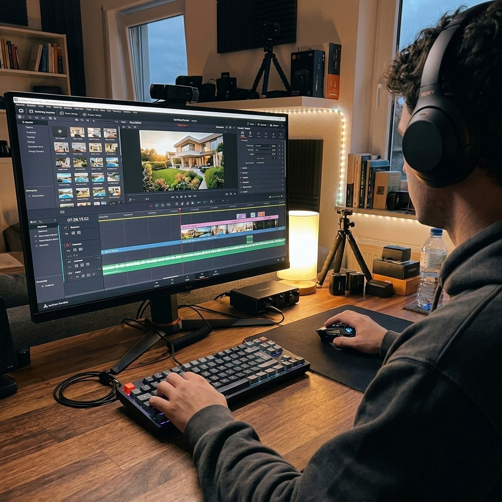 A person wearing headphones working on video editing on a desktop monitor displaying a house image and timeline software in a well-lit room with bookshelves and a window.