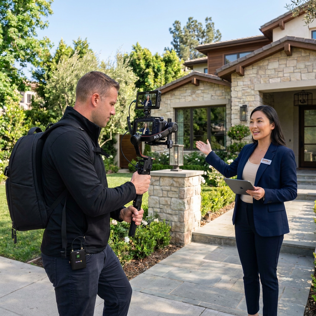 A woman in a navy blue suit is conducting an interview outside in front of a house with stone and wood exterior, holding a tablet and smiling while talking. A man with a backpack and camera gear is filming her with a professional camera.