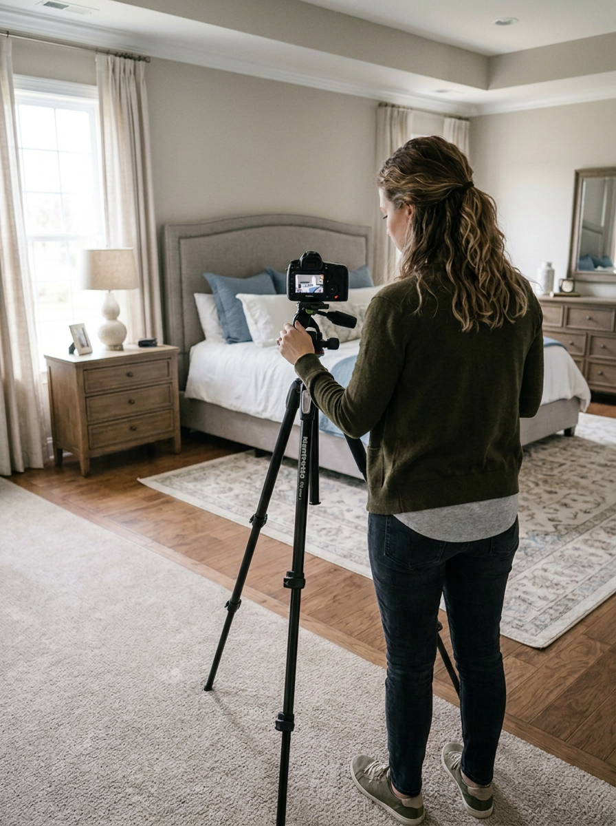 A woman in casual clothing is filming a bedroom scene with a camera on a tripod in a well-lit, neatly made bedroom with a bed, nightstand, lamp, and dresser.