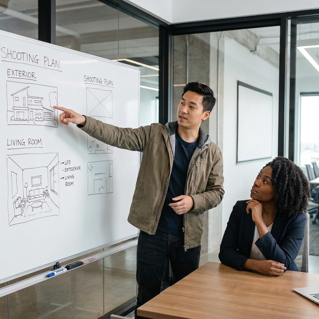 A man presenting a shooting plan on a whiteboard to a woman in an office conference room.