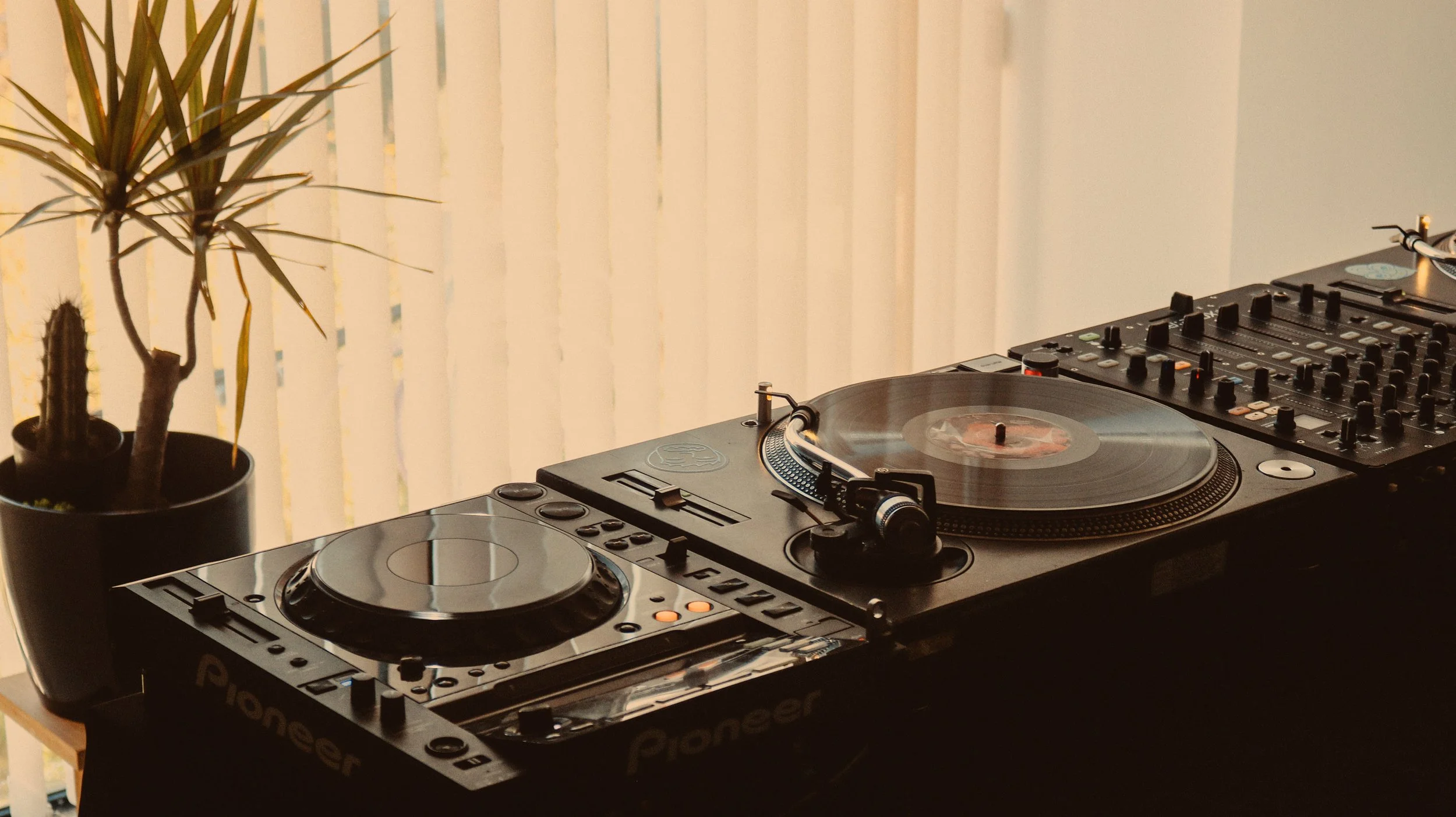 Cabina de DJ y dos platos giradiscos tocadiscos technics sl1200 mkII  y reproductor pioneer cdj 2000 en una mesa, junto a una planta en una maceta negra, con cortinas blancas de fondo.