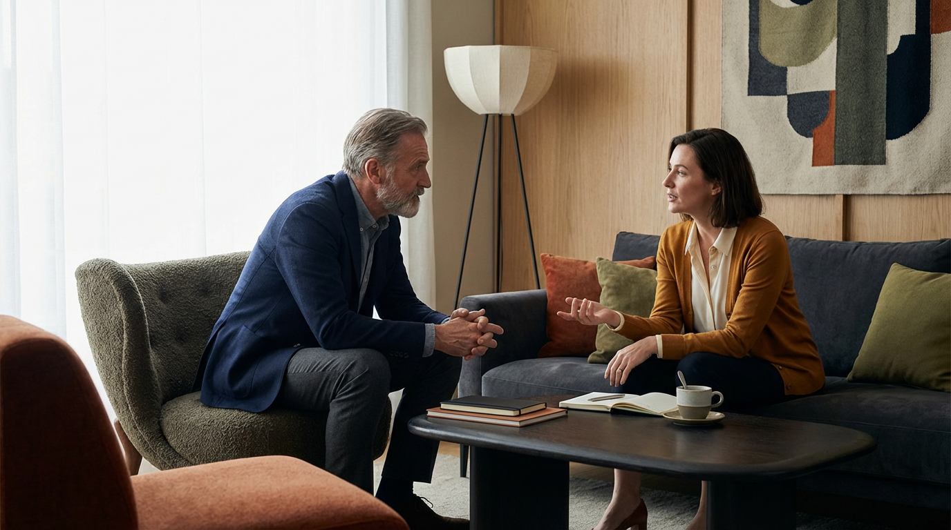 A man and woman sitting in a living room having a conversation. The man is wearing a blue blazer and gray pants, sitting on a green chair. The woman is wearing an orange cardigan and black pants, sitting on a gray sofa. There are books, a notebook, a cup, and a saucer on the coffee table between them. The room has a wooden wall, a lamp, and abstract art on the wall.