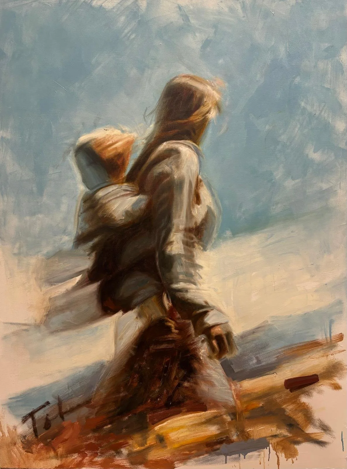 A painting of a child with a backpack walking outdoors on a clear day with a blue sky, depicted with loose brushstrokes.