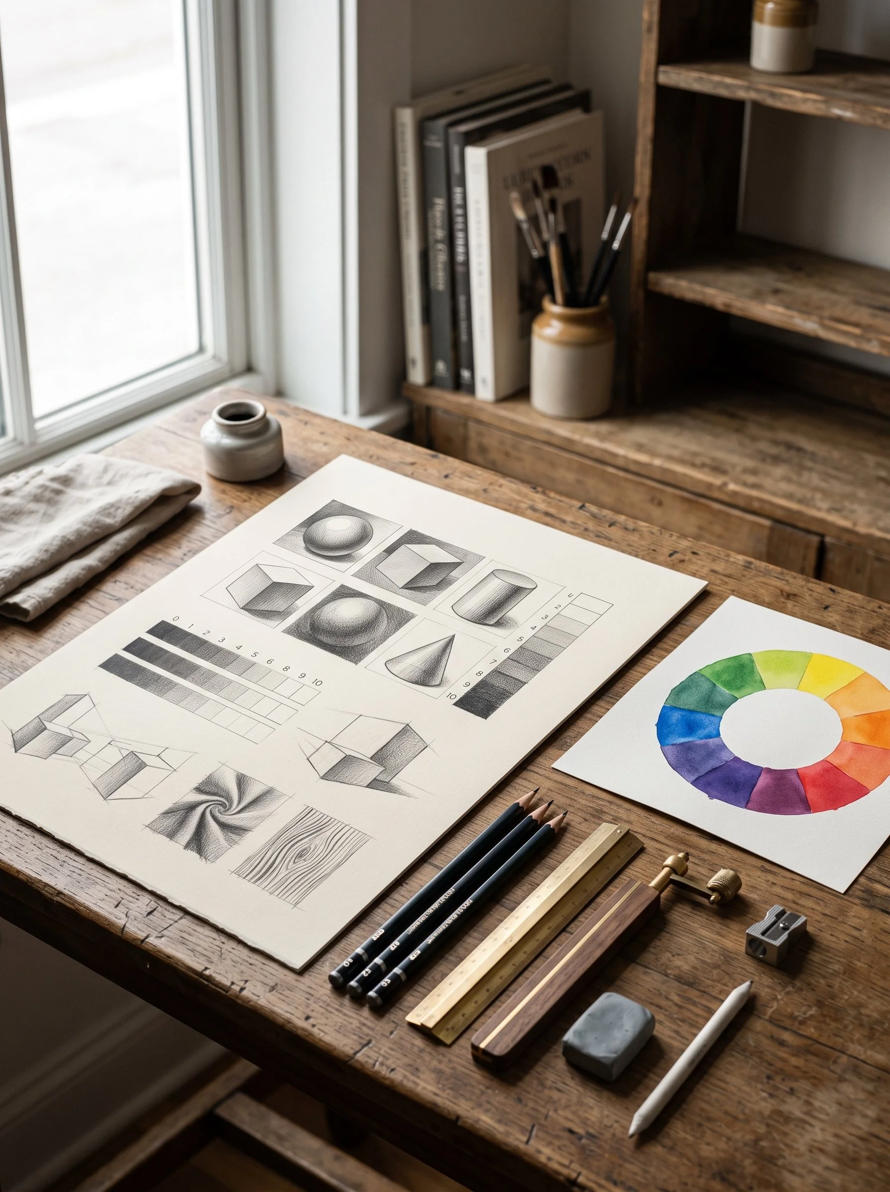 A wooden table with art sketches, colored wheel, pencils, rulers, erasers, and drawing tools near a window with natural light.