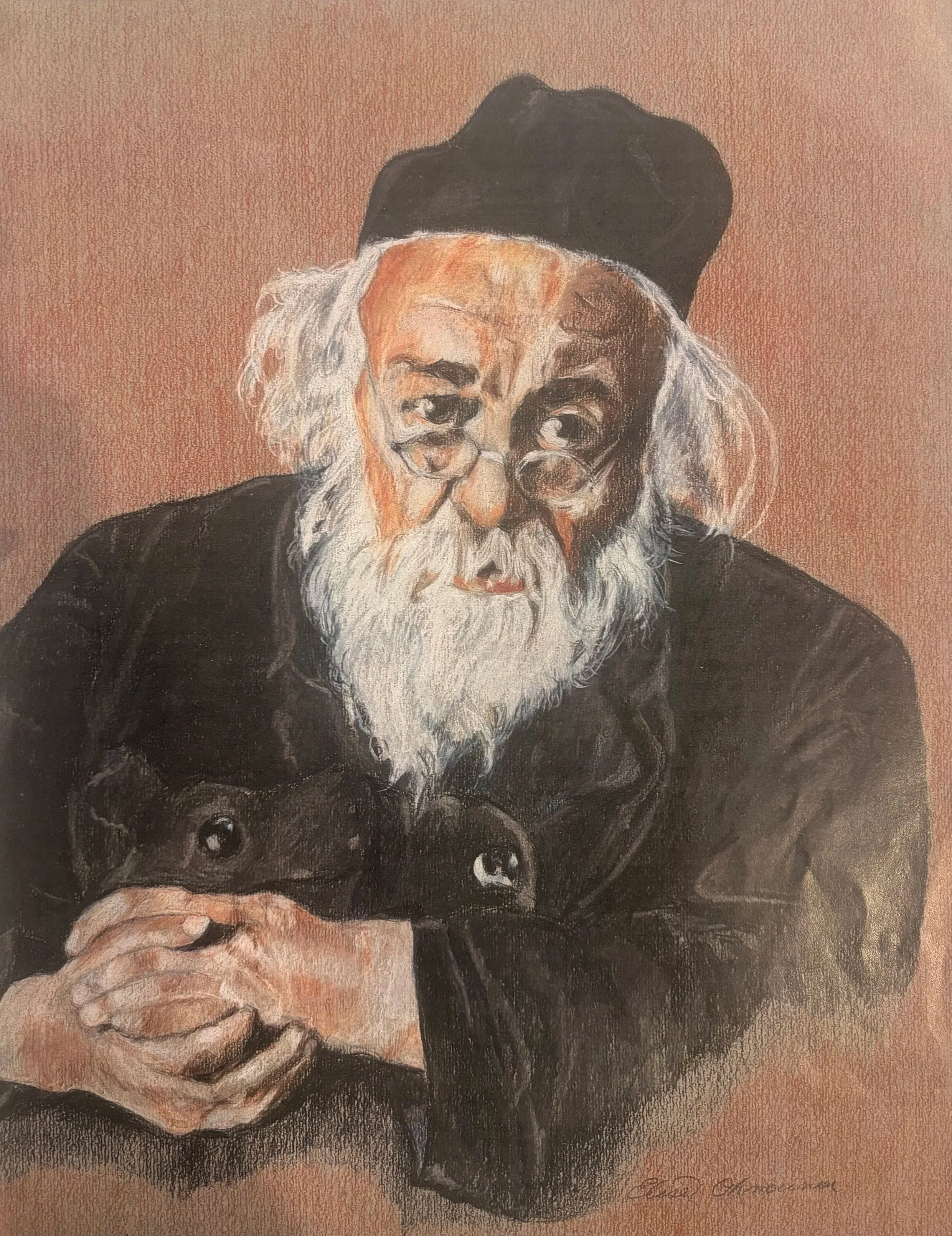 A portrait of an elderly man with a white beard and glasses, wearing a black hat and black clothing, holding a pipe.