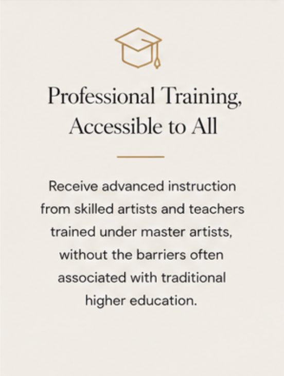 Brochure or flyer promoting accessible professional training from skilled artists and teachers.