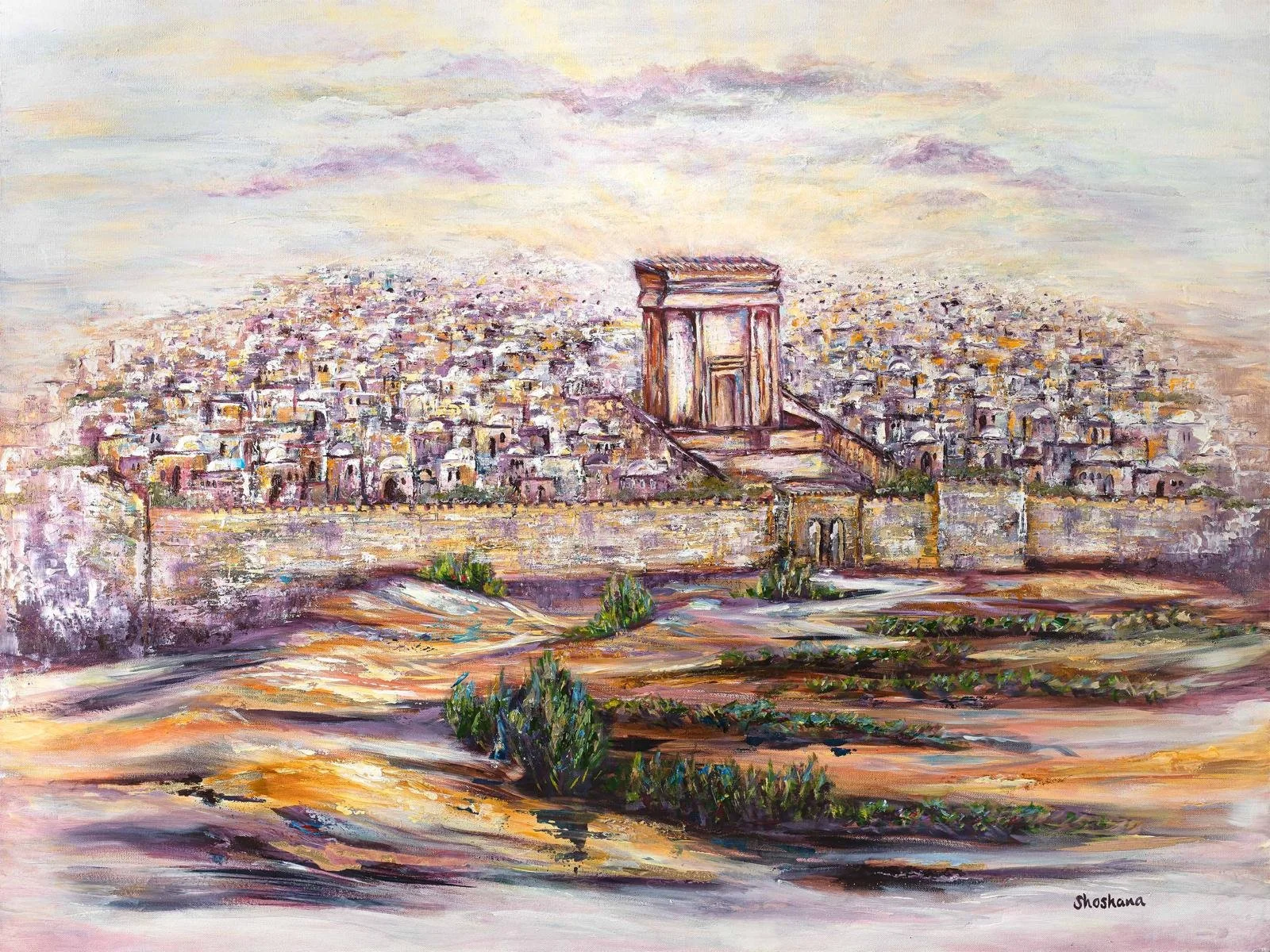 An impressionistic painting of Yerushalayim featuring a tall stone gateway with a cityscape stretching into the distance, with soft pastel colors and an open sky.