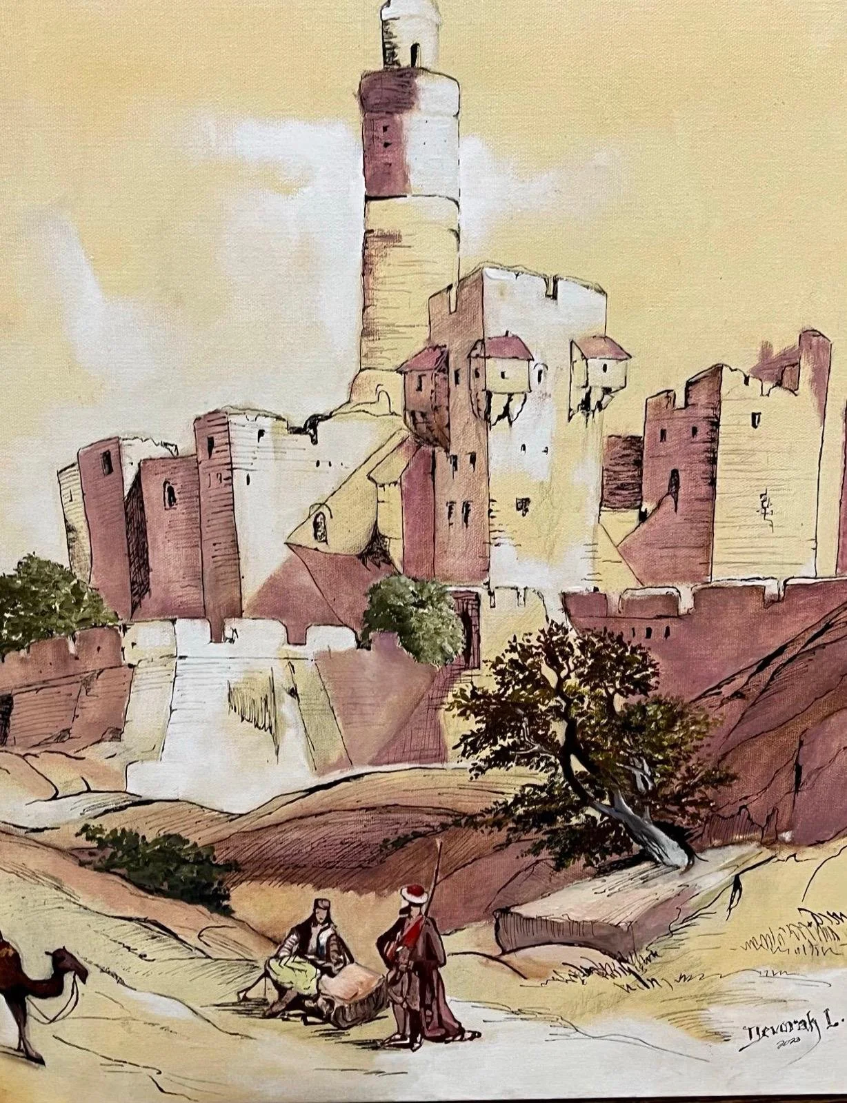 A watercolor painting of a medieval castle with high stone walls and towers, set against a light sky. In the foreground, there are two people in historical clothing, one sitting and one standing, with a dog nearby and trees around them.