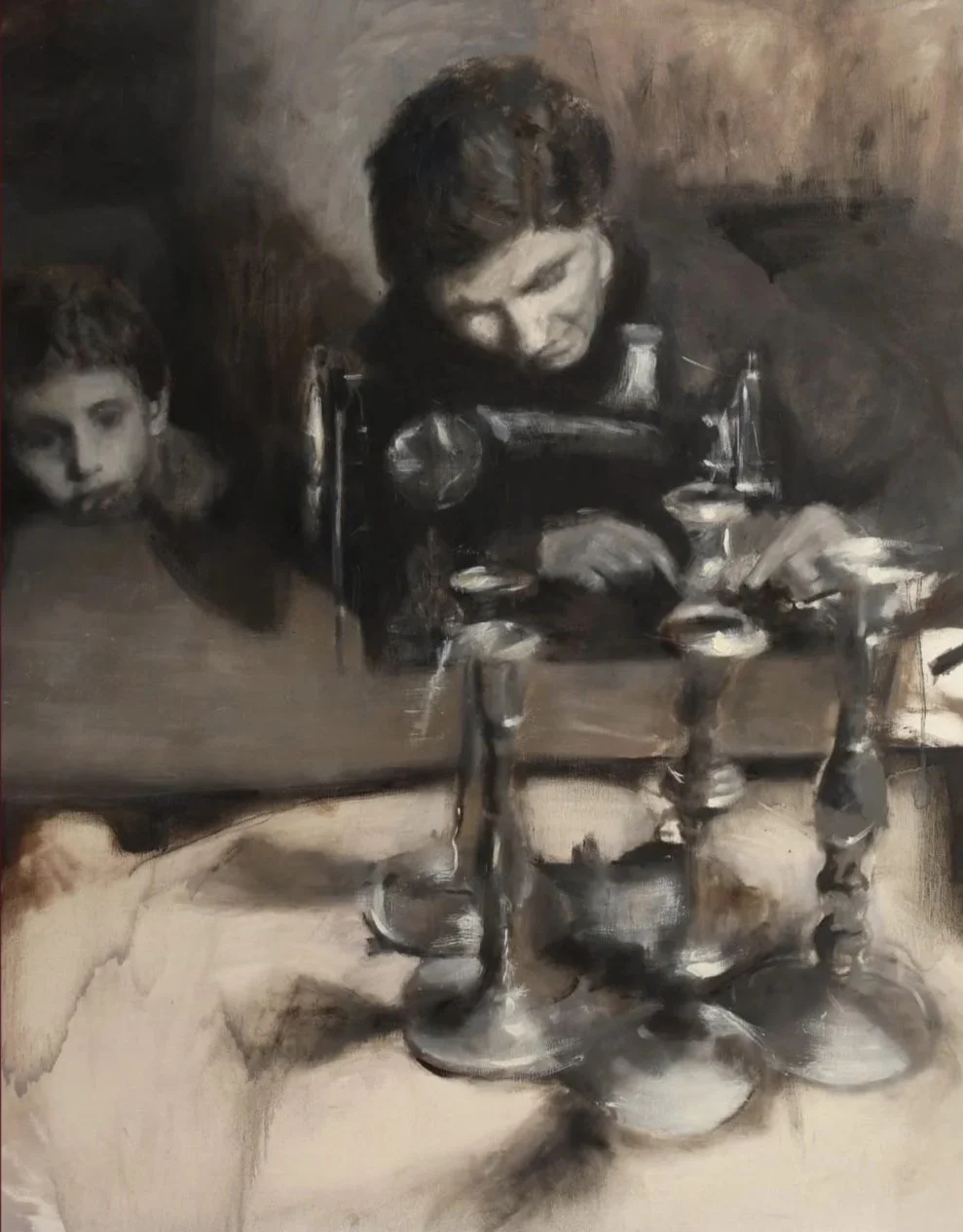 A black and white painting of two children at a table, one with a serious expression and the other leaning on the table with a curious look, with candlesticks and glassware on the table.