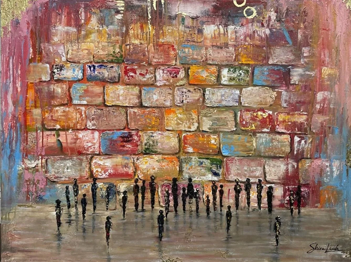 An abstract painting of a brick wall with multicolored bricks in shades of pink, red, orange, yellow, white, blue, and green. Below the wall, there are small black silhouettes of people with reflections on a gray ground, suggesting an urban scene.
