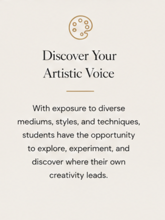 Text encouraging students to discover their artistic voice through diverse mediums, styles, and techniques, with an image of a painter's palette at the top.