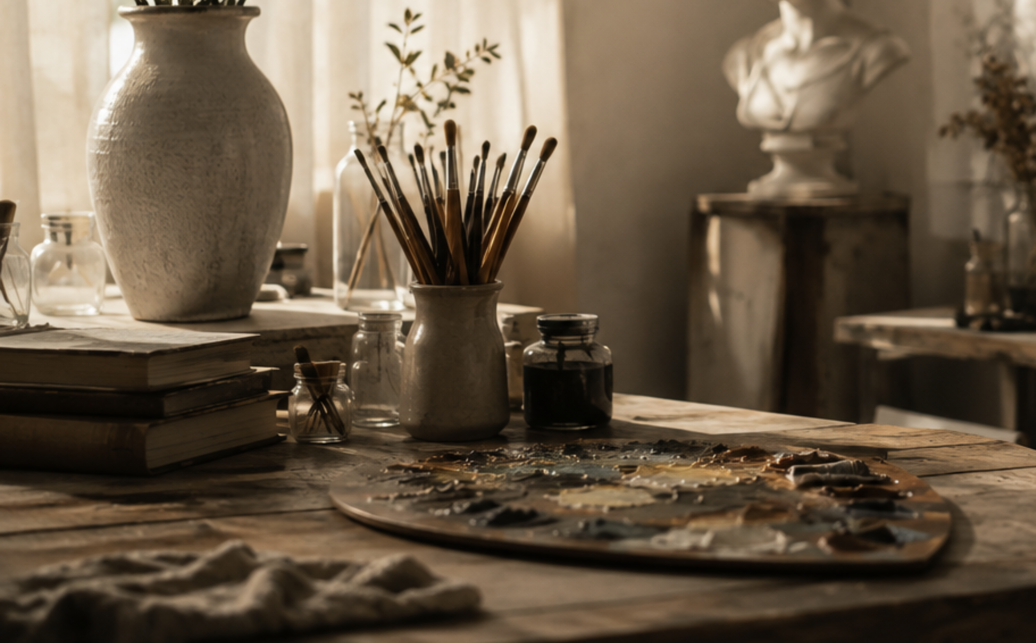 Art studio workspace with jars of brushes, stacks of books, and a palette with paint on a wooden table, lit by natural light.