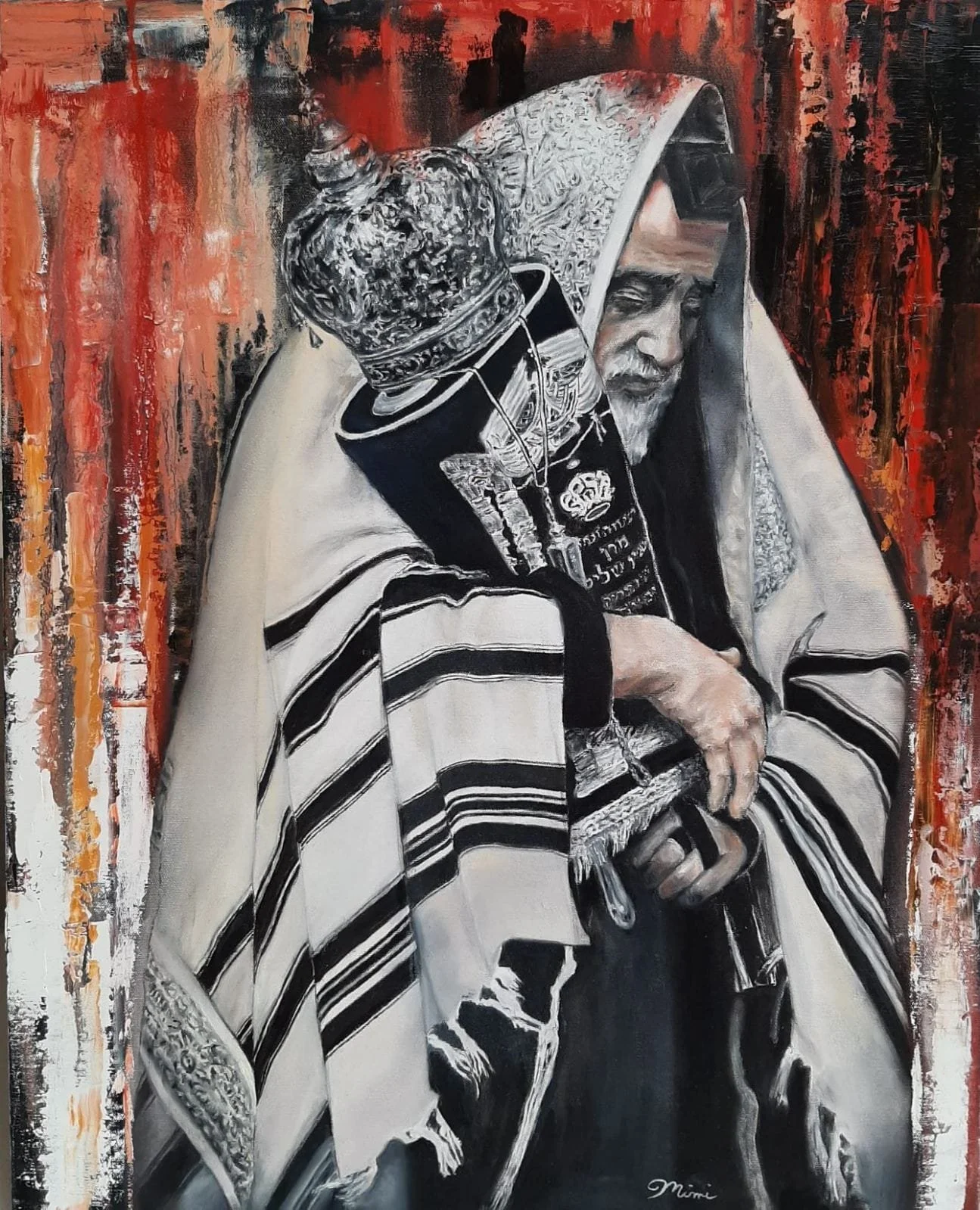 A painting of an elderly man with a long beard wearing a striped tallit and a kippah, holding a prayer book, set against a vibrant red and black abstract background.