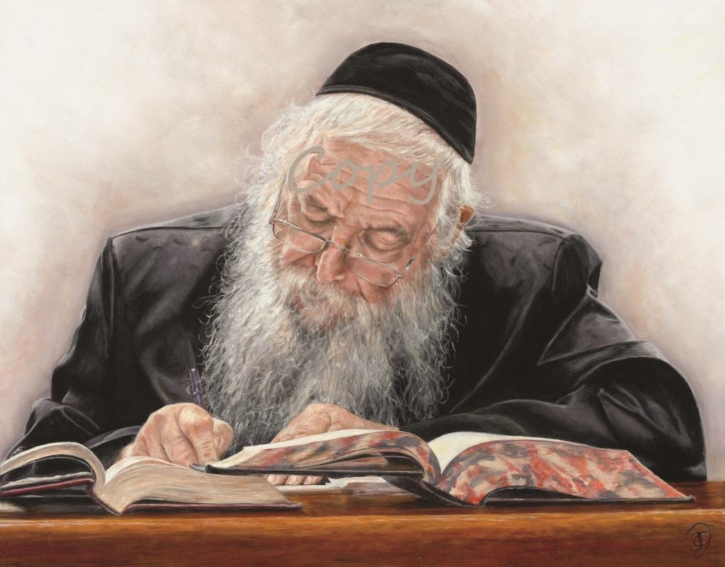 An elderly man with a long white beard, wearing glasses and a black hat, writing in a large book at a wooden table.
