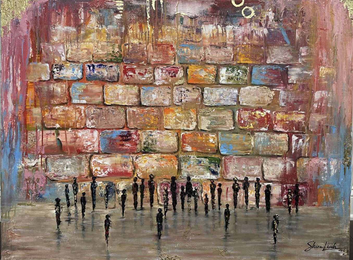An abstract painting depicting the kosel with multicolored bricks and a group of black silhouetted figures standing and walking in front of it, with reflections on the ground.