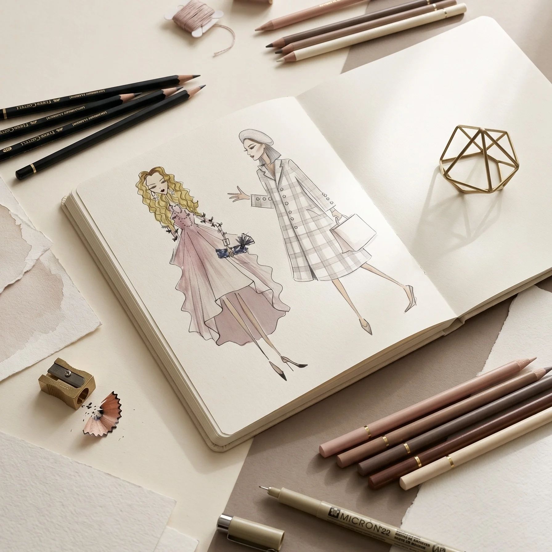 A sketchbook with fashion illustrations of two women, surrounded by various art supplies including colored pencils, pens, erasers, and pencil shavings placed on a beige and white surface.