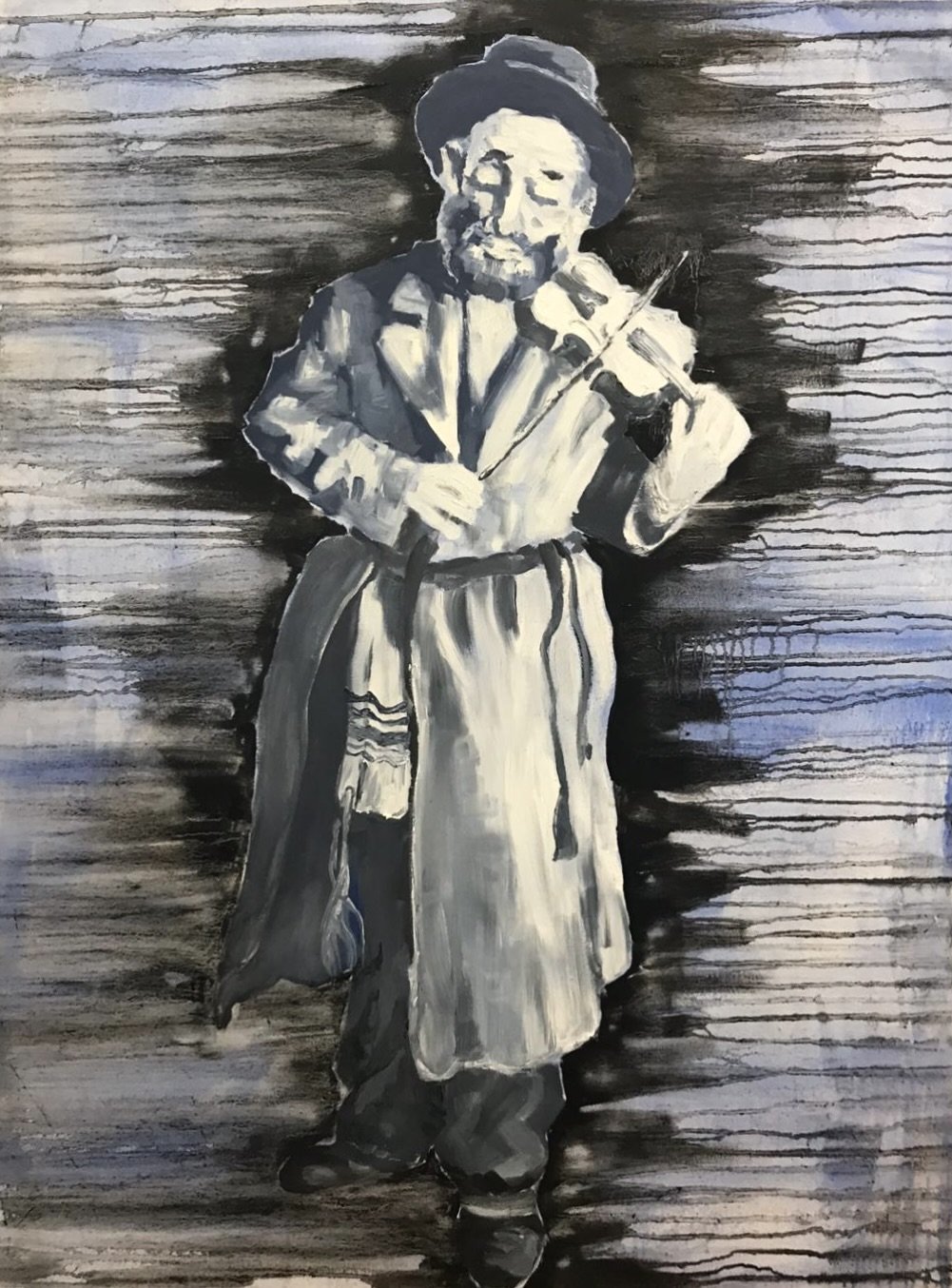 Black and white painting of a man with a beard, wearing a hat, shirt, and apron, playing a violin against a textured background.