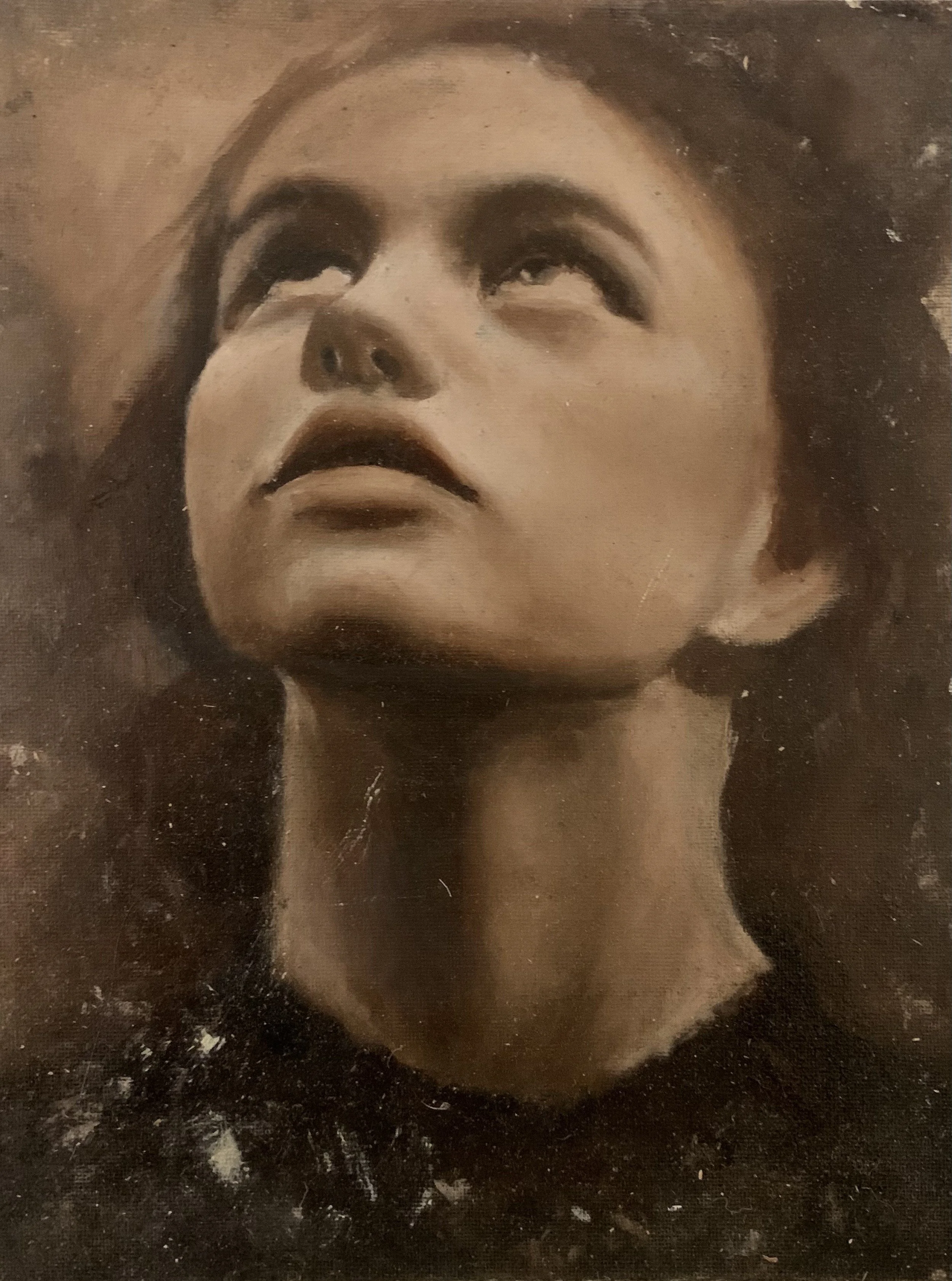 A realistic painting of a woman with dark hair and a serious expression, looking slightly upward.