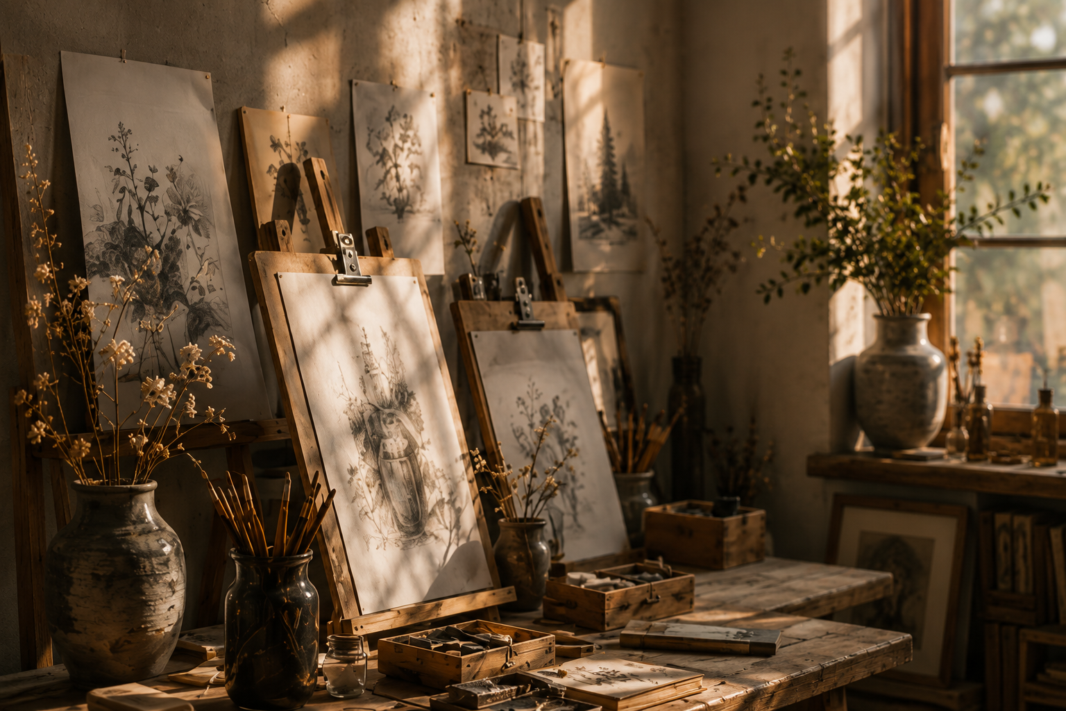 Art studio with sketches on easels, paintbrushes, and vases with dried flowers bathed in warm sunlight.