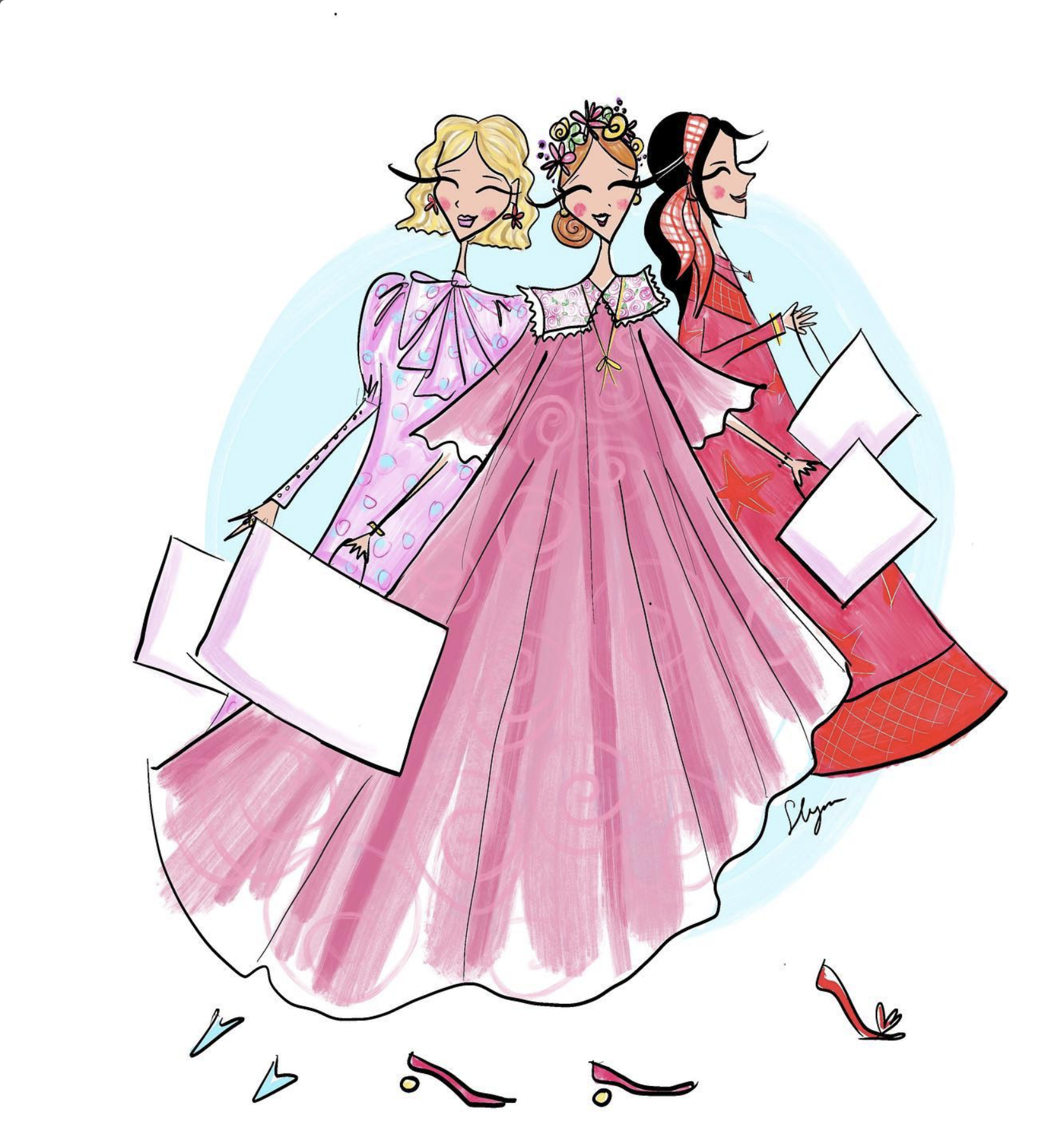 Colorful illustration of three women in pink dresses walking together, celebration with confetti, smiling faces, and a light blue background.