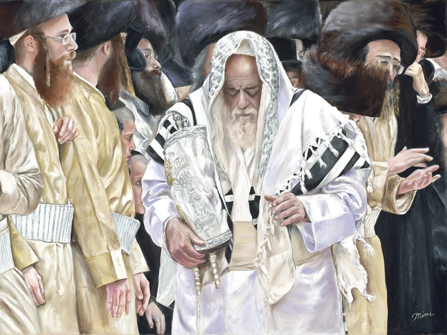 A group of Jewish men, dressed in traditional robes and head coverings, are gathered with an elderly man in white and black prayer shawl holding a wine cup. The men are praying or involved in a religious ceremony.