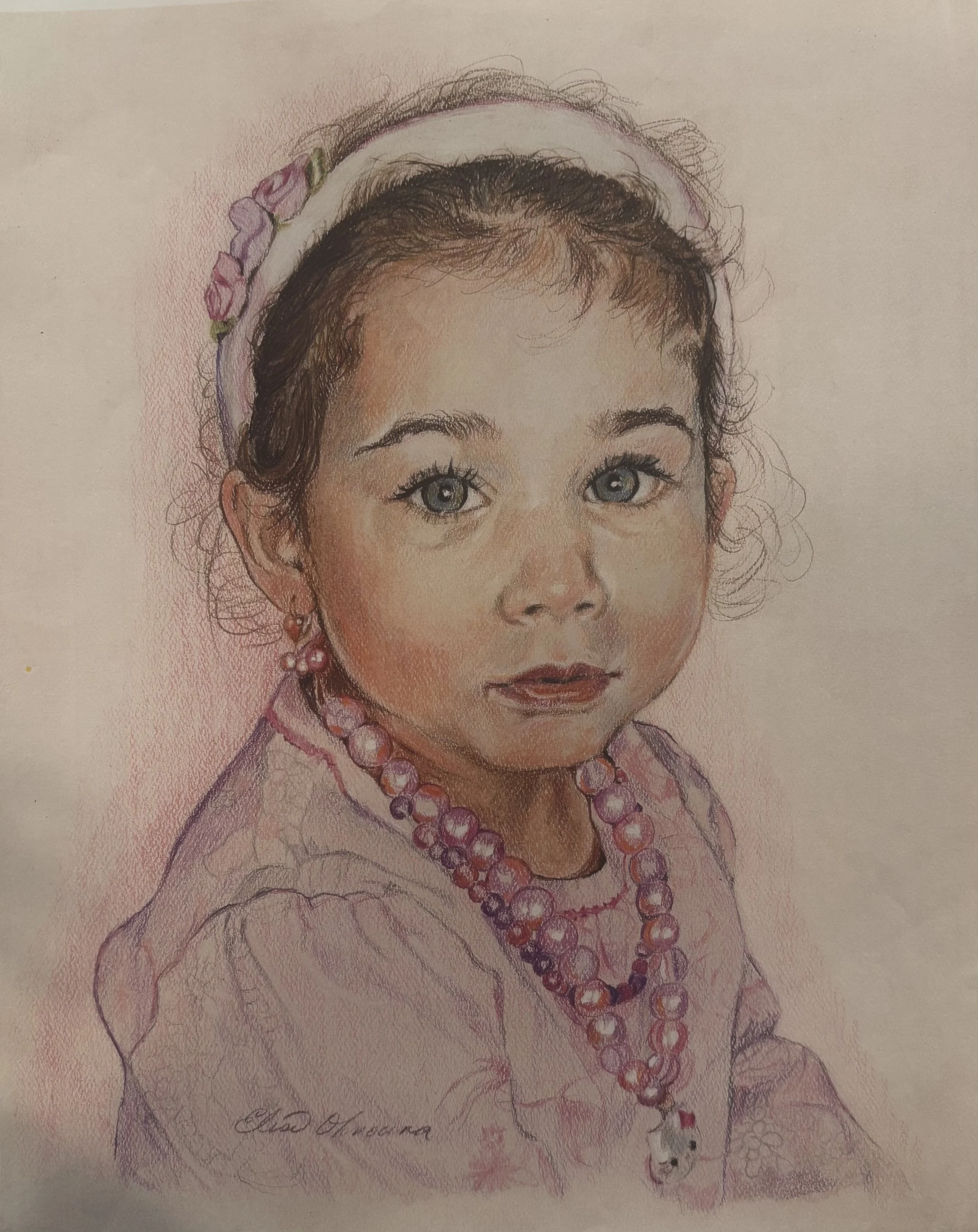 A detailed colored drawing of a young girl with big blue eyes, short brown hair, wearing pink jewelry including a pearl necklace, a bracelet, earrings, and a bow on her head, on pink textured background.