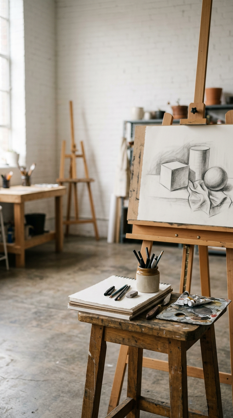 Art studio with a wooden easel displaying a pencil drawing of geometric shapes, a table with drawing tools, and additional easels and shelves in the background.