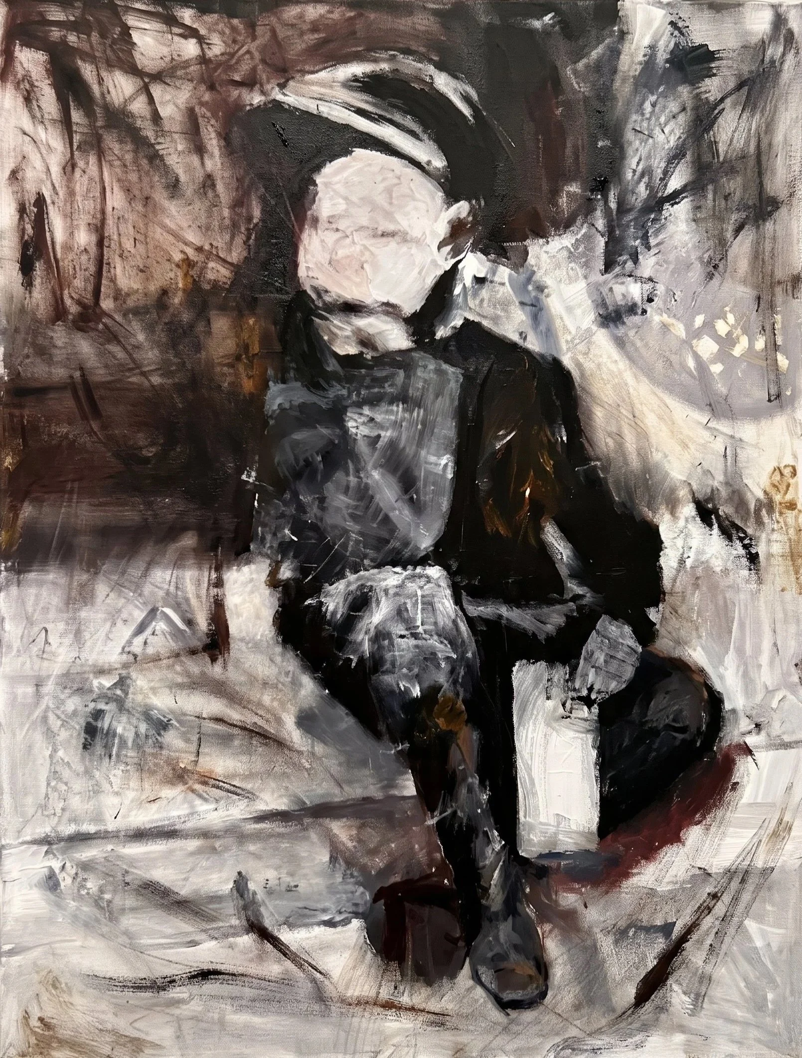 An abstract painting of a woman with dark hair, wearing a black outfit, sitting and resting her chin on her hand, with a background of swirling brushstrokes in shades of white, black, and brown.