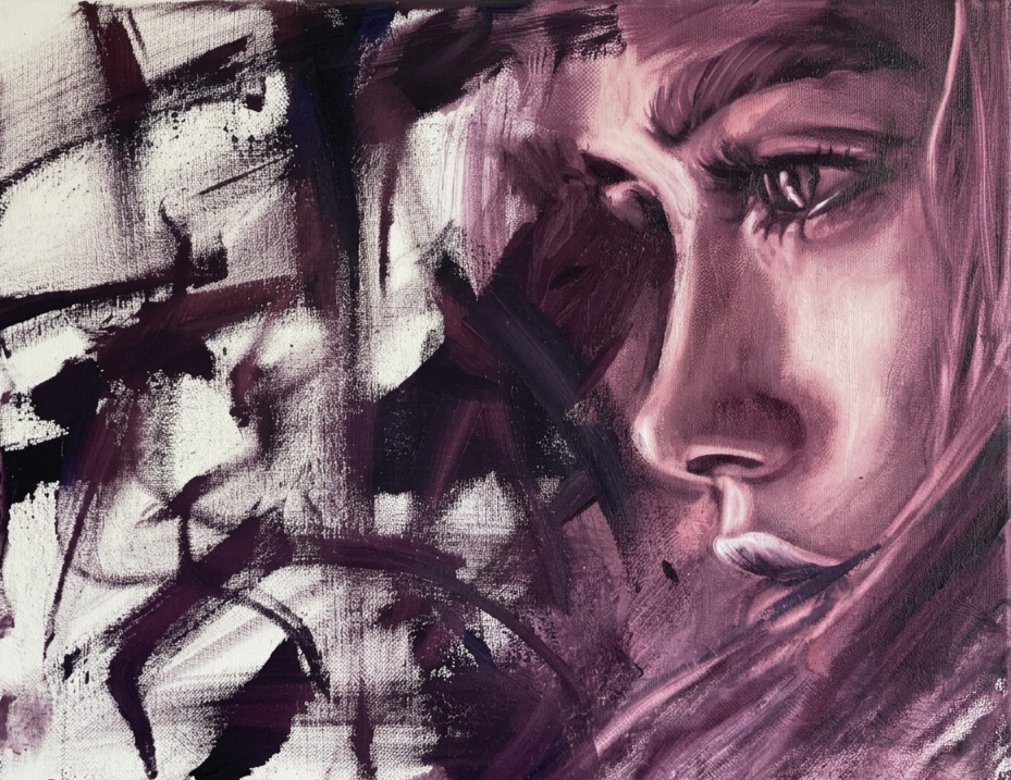 An abstract painting of a woman's face with detailed eyes and lips, using shades of pink, purple, and black.