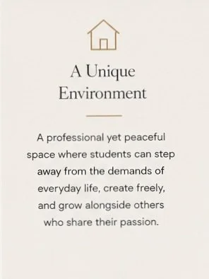 A minimalist advertisement with a small house icon at the top, titled "A Unique Environment." The text describes a peaceful space for students to grow and share their passions.