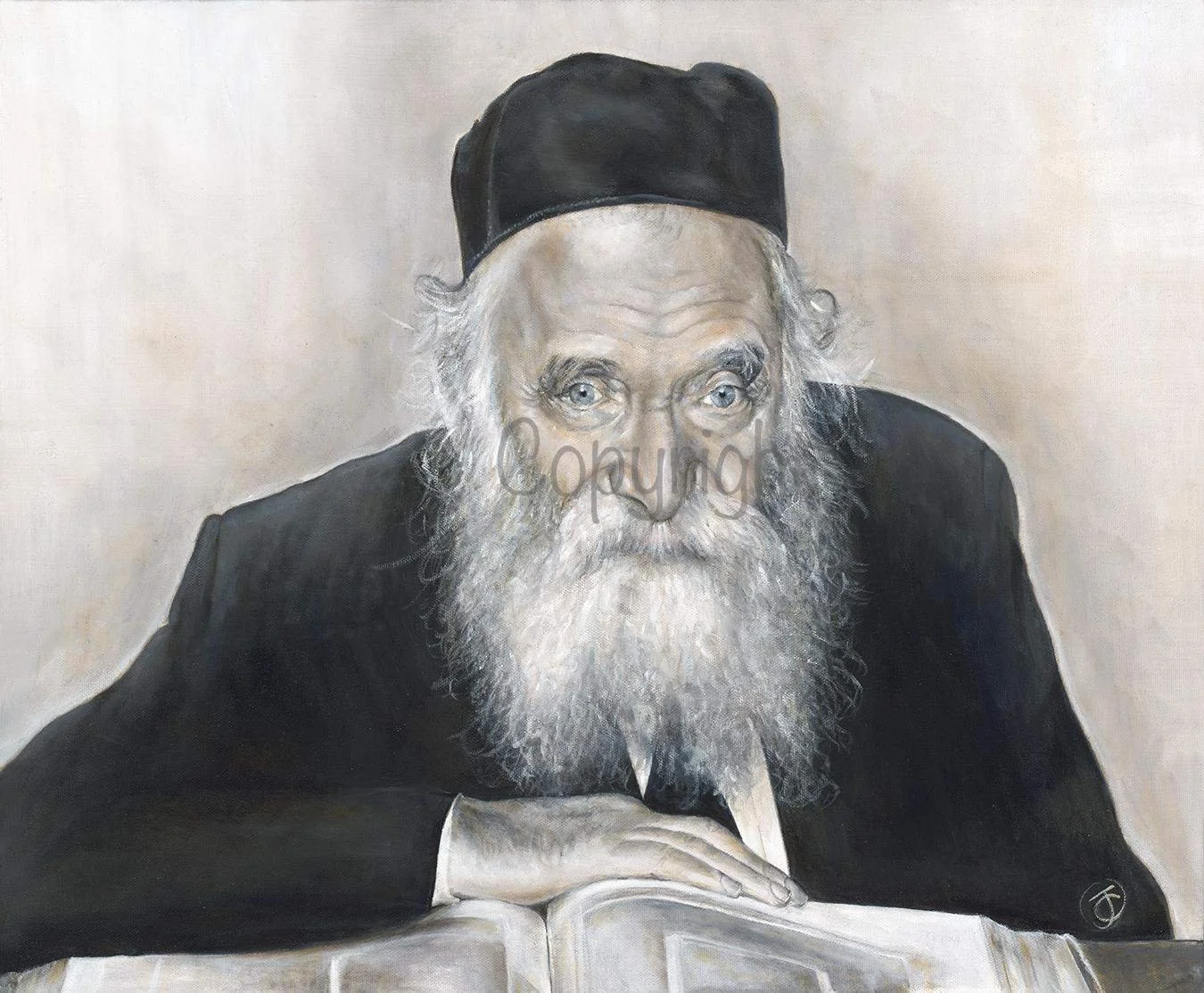 A painting of an elderly man with a long white beard, wearing a black hat and black clothing, resting his head on his folded arms on a table with an open book in front of him.