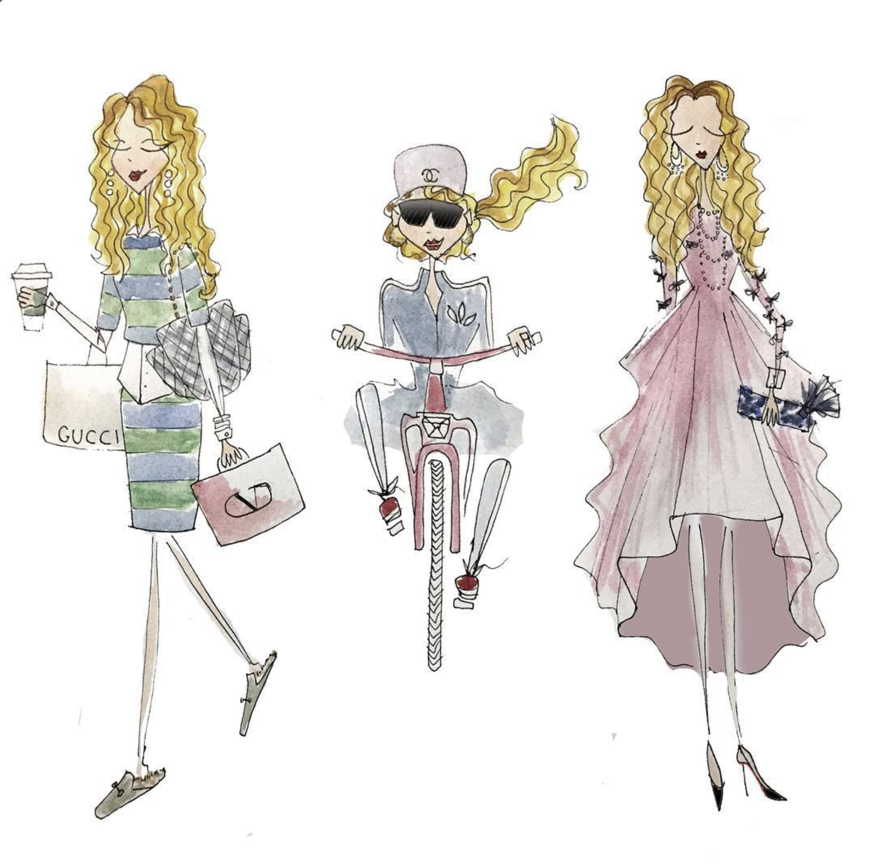 Illustration of three stylish women with curly blonde hair, wearing fashionable outfits and accessories, walking and posing confidently.
