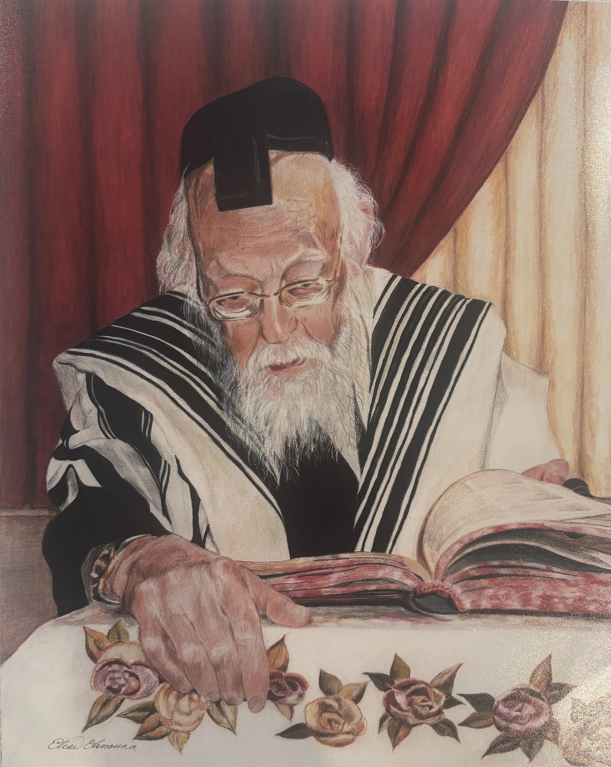 An elderly man with glasses and a beard reading a book, with a red curtain hanging behind him and some roses at the bottom, signature in the lower left corner.