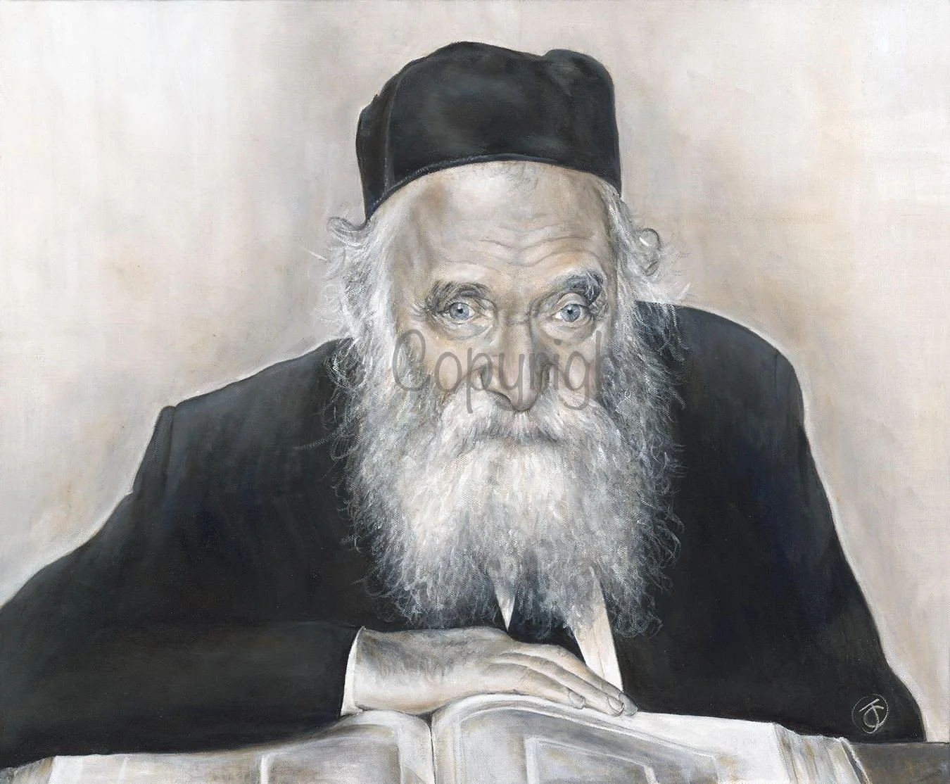A portrait of an elderly man with a long white beard and intense blue eyes, wearing a black hat and black jacket, resting his hand on an open book.