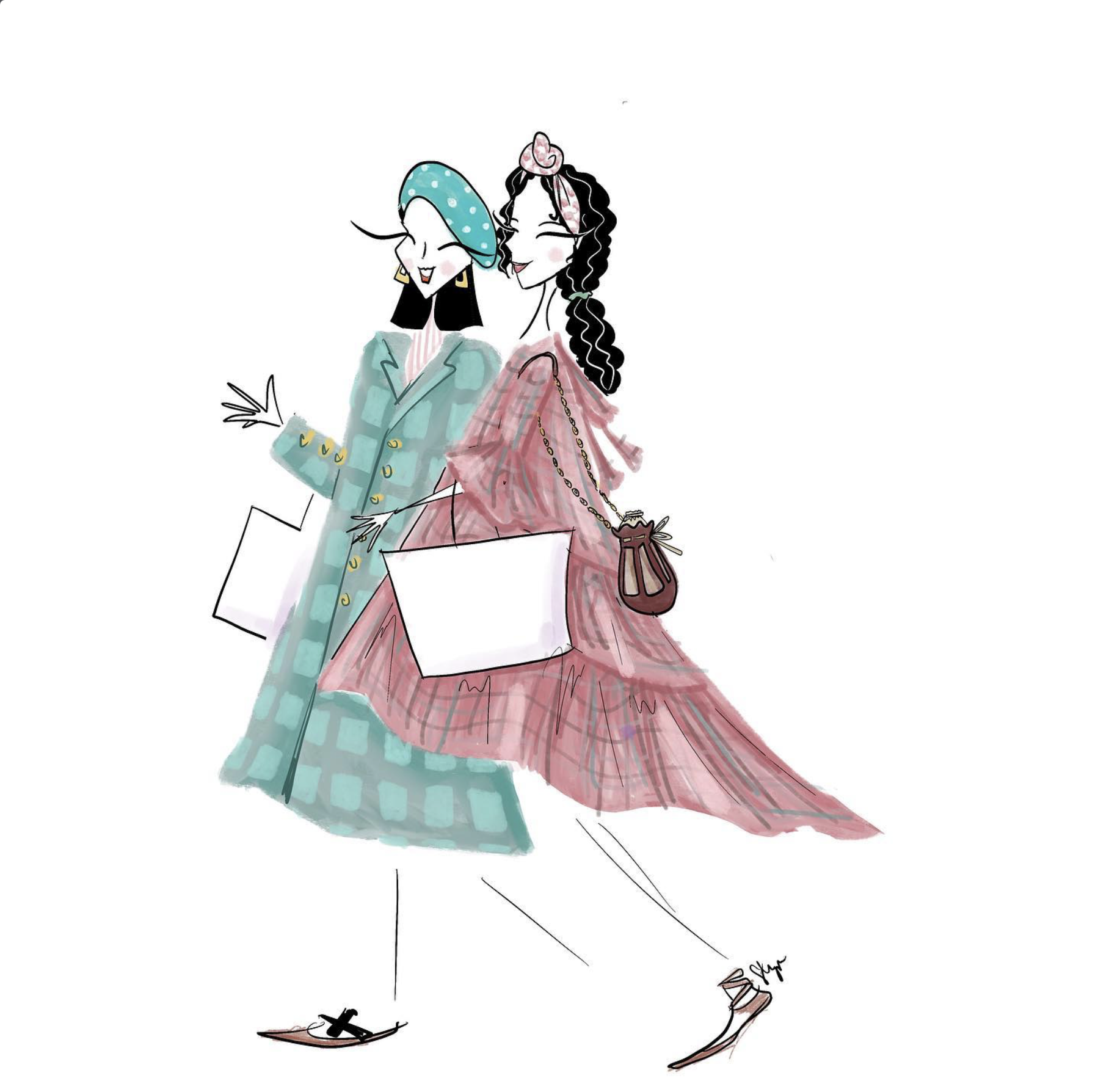 Two women in fashionable dresses shopping with shopping bags, wearing high heels, and carrying purses.