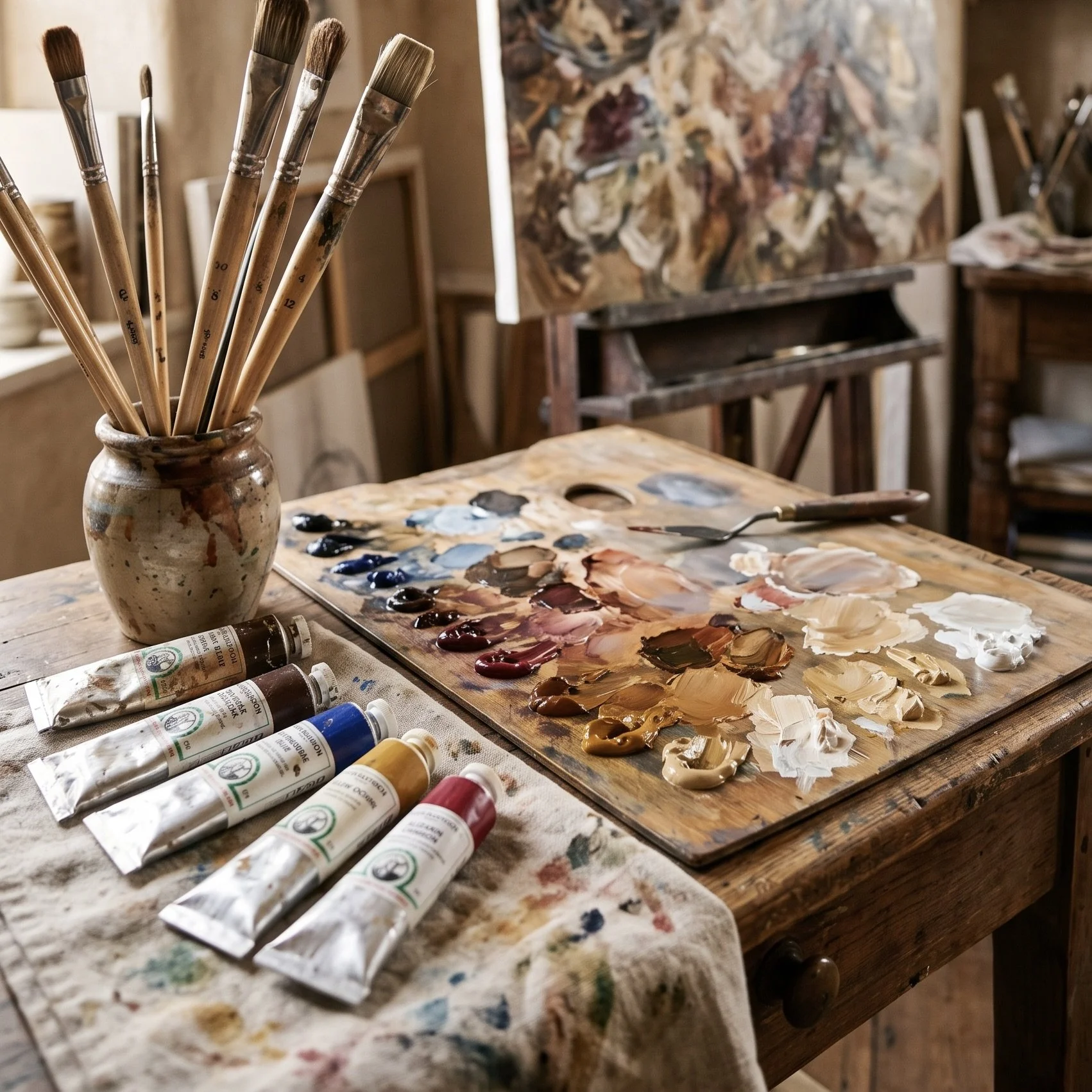 An artist's palette with various shades of oil paint, tubes of oil paint, and brushes in a ceramic jar, set on a wooden table with a canvas on an easel in the background.
