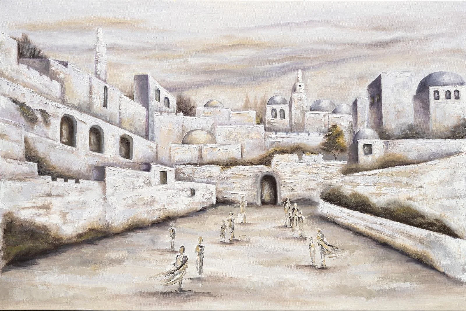 A watercolor painting of a cityscape with white buildings, domed roofs, and towers. There are people walking in the foreground and a few trees scattered throughout.