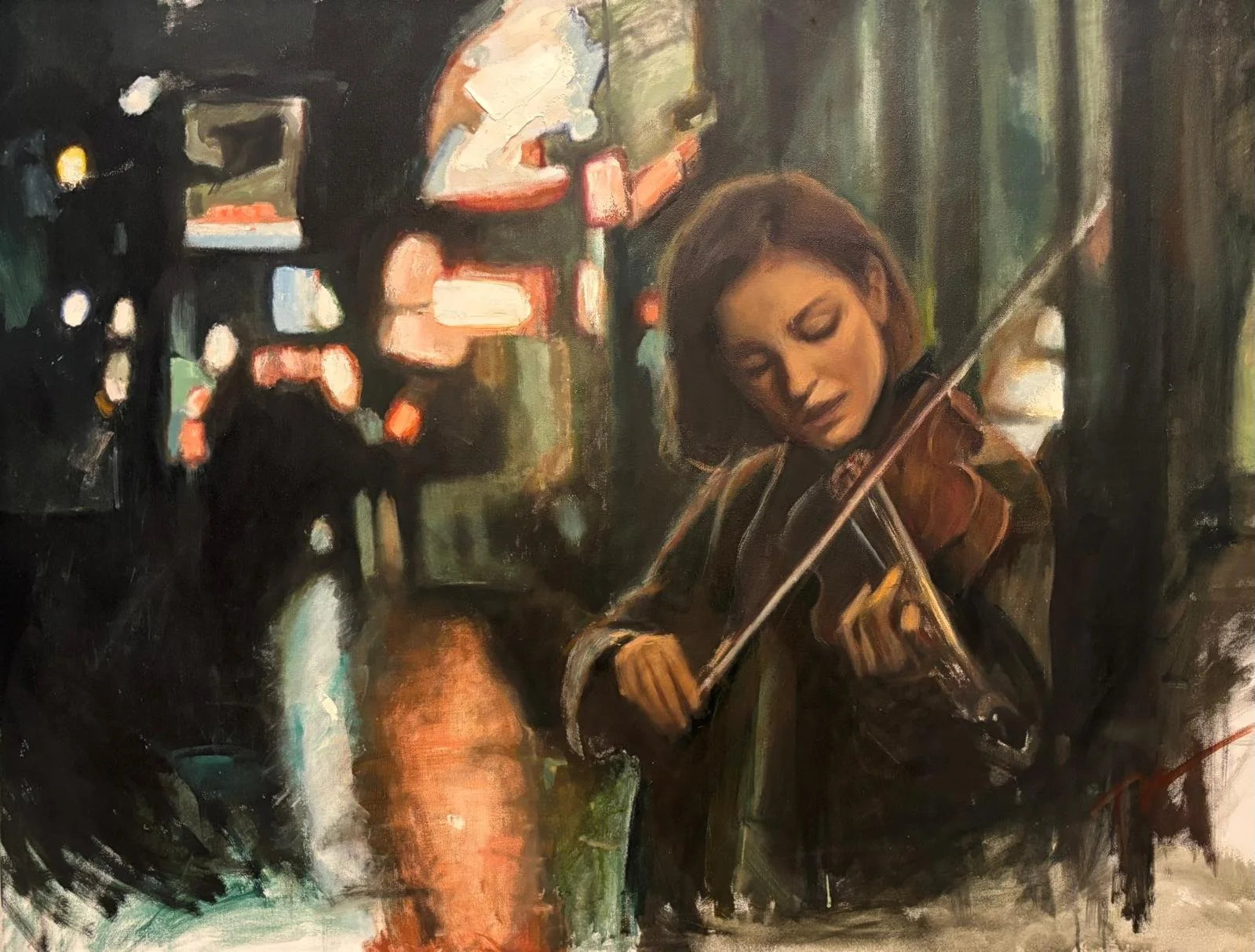 A woman with short hair playing the violin, with a cityscape with illuminated signs at night in the background.
