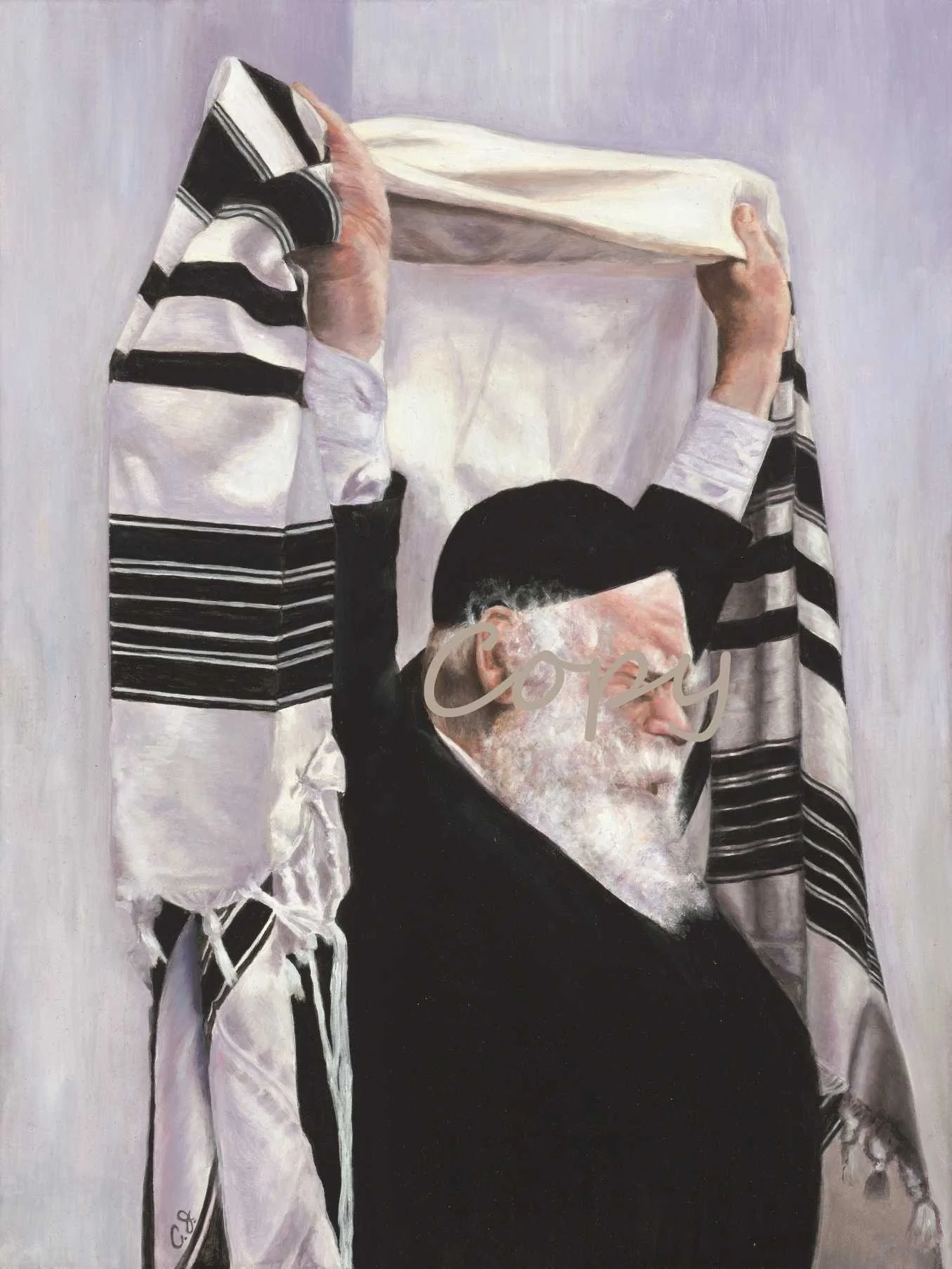 Painting of a man with glasses and a white beard, wearing a black suit, with the word 'Keep' written over his face. Behind him, a person holding a tall loaf of bread, wearing striped black and white clothing.