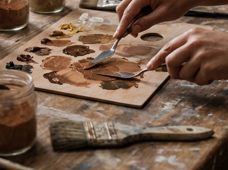 Hands mixing paint on a palette using a spatula, with brushes and jars of paint on a wooden table.