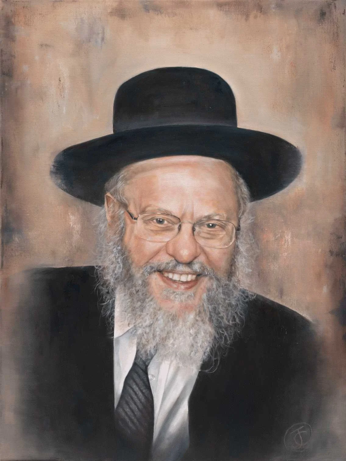 A painting of a man with a white beard, glasses, wearing a black suit, white shirt, and tie, with a large black hat.
