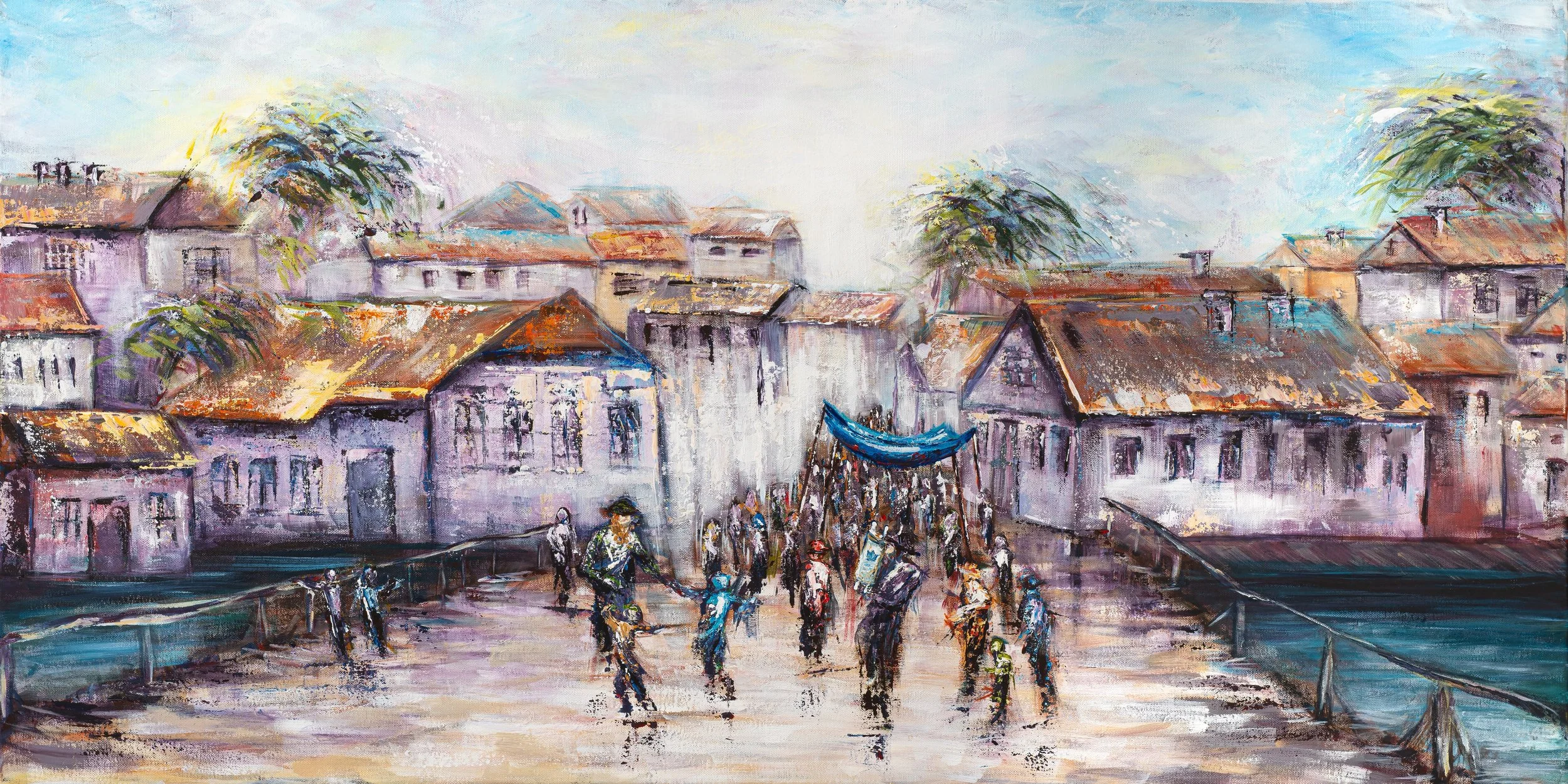 A vibrant watercolor painting of a seaside town with colorful buildings, palm trees, boats, and people walking along the waterfront.