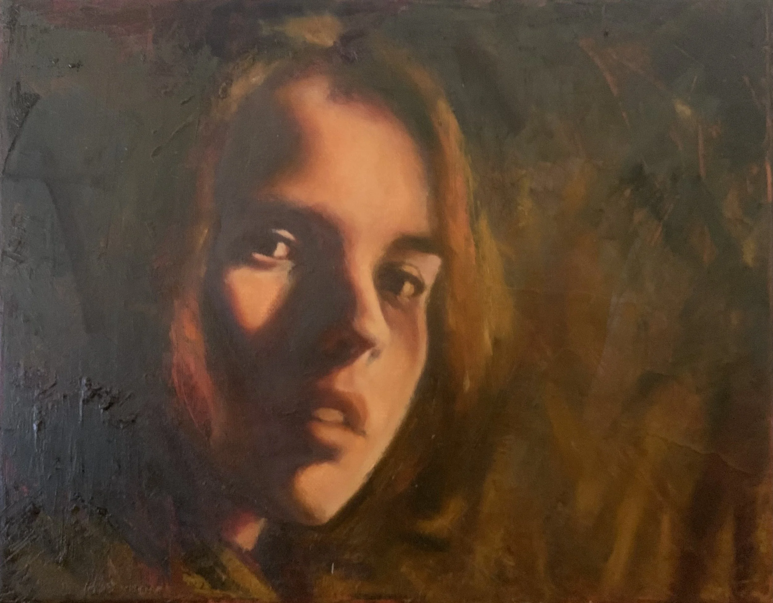 Partial view of a portrait of a woman with dark hair, smiling, painted with rich warm tones on a textured canvas.